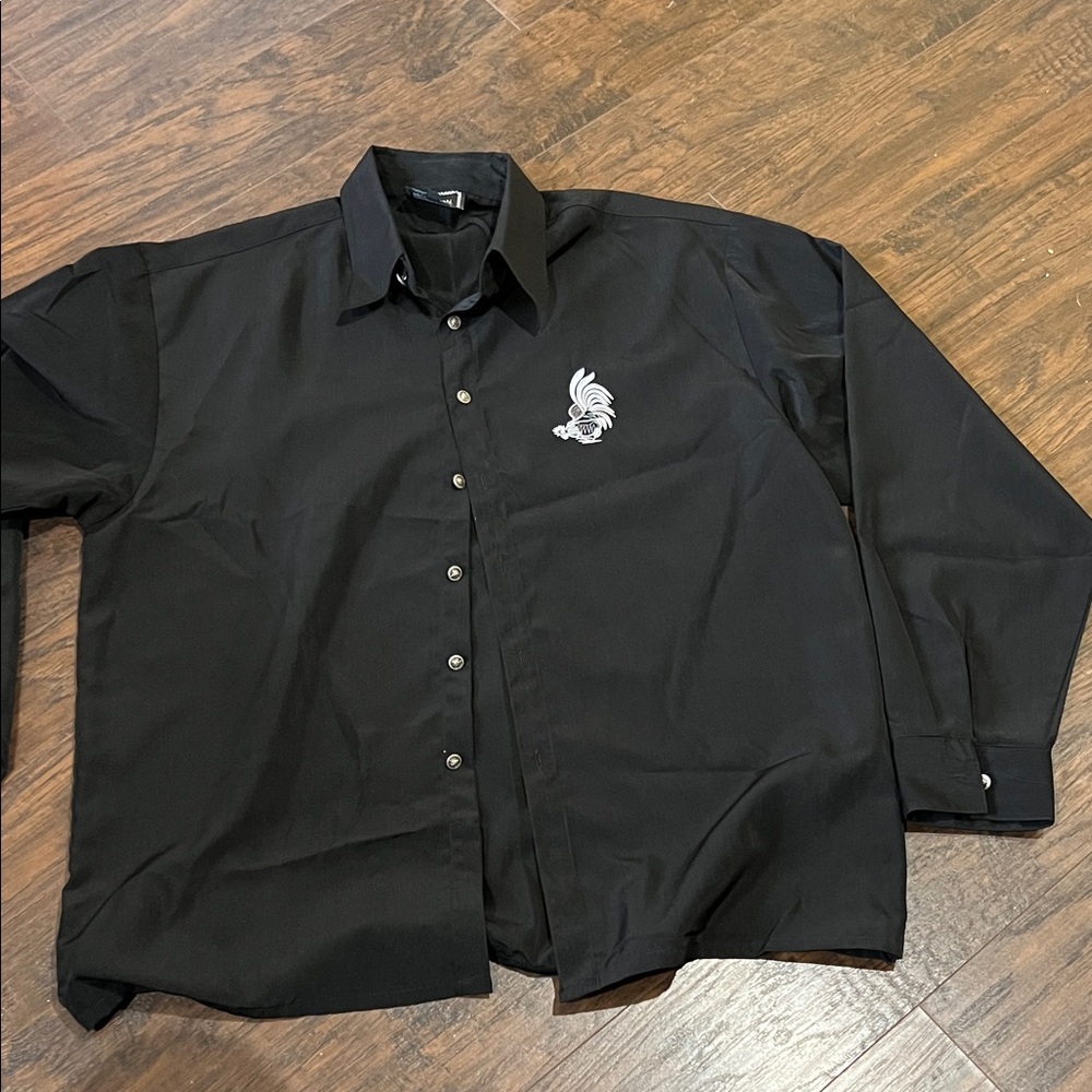 Black Button-Up Shirt with Embroidered Logo